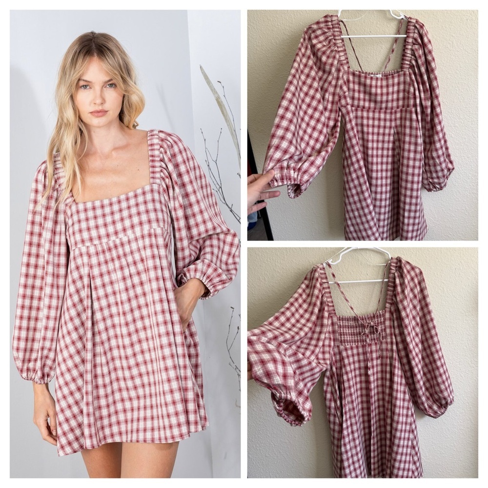 REVEROF Plaid Babydoll Dress With Smocking Back Detail,NWT - Picture 4 of 11